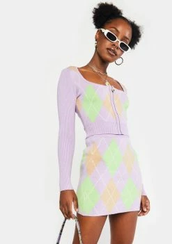 No Dress Purple Green Brown Argyle Knit Top Tops