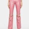 No Dress Rose Pink Slim Leather Pants With Chains