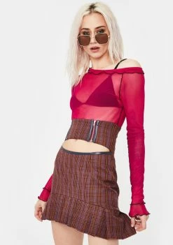 No Dress Bottoms Brown Checkered Pleated Skirt
