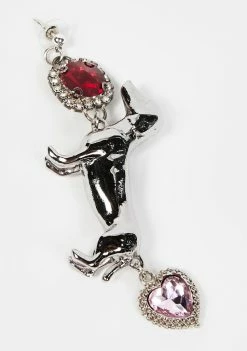 No Dress Red Pink Rhinestone Silver Dog Earrings