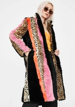No Dress Outerwear Leopard Patchwork Faux Fur Coat