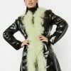 No Dress Outerwear Green Mongolian Fur Trim Leather Long Coat