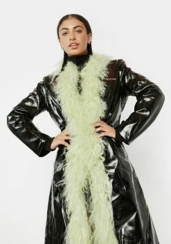 No Dress Outerwear Green Mongolian Fur Trim Leather Long Coat