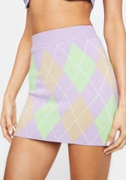 No Dress Purple Green Brown Argyle Knit Skirt