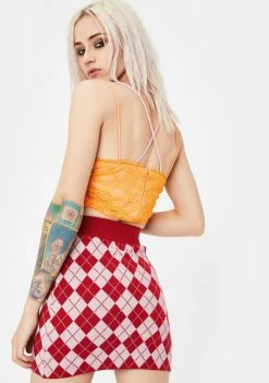 No Dress Bottoms Red Argyle Knit Mini Skirt