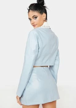 No Dress Blue Vegan Leather Pleated Short Skirt