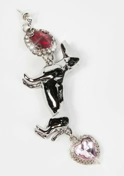 No Dress Red Pink Rhinestone Silver Dog Earrings