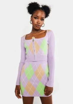 No Dress Purple Green Brown Argyle Knit Top Tops