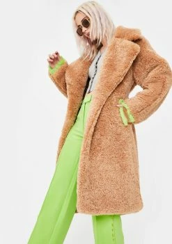 No Dress Outerwear Green Fur Trim Teddy Coat