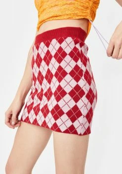 No Dress Bottoms Red Argyle Knit Mini Skirt