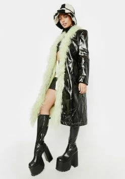 No Dress Outerwear Green Mongolian Fur Trim Leather Long Coat
