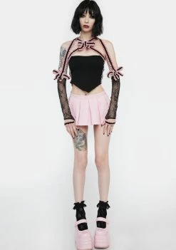 No Dress Pink Velvet Bowknot Lace Sleeve Top