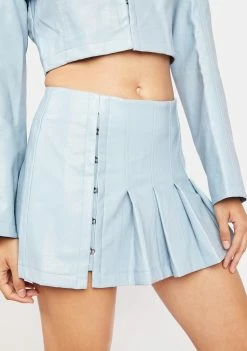 No Dress Blue Vegan Leather Pleated Short Skirt