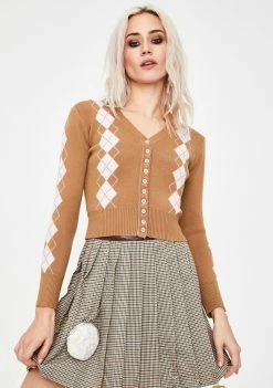 No Dress Tops Argyle Cropped Knit Cardigan