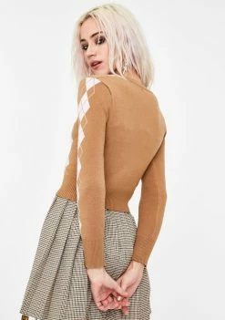 No Dress Tops Argyle Cropped Knit Cardigan