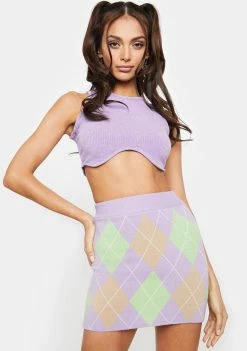 No Dress Purple Green Brown Argyle Knit Skirt