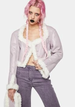 No Dress Lilac Leather And White Faux Fur Double Sided Cropped Coat Outerwear
