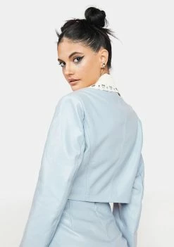 No Dress Blue Short Vegan Leather Jacket Outerwear