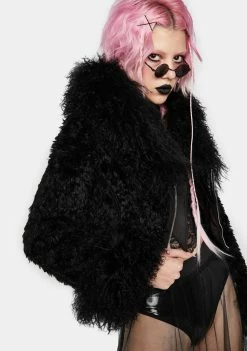 No Dress Outerwear Black Fur Collar Double Sided Patent Leather Cropped Jacket