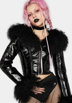 No Dress Outerwear Black Fur Collar Double Sided Patent Leather Cropped Jacket