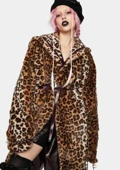 No Dress Outerwear Leopard Faux Fur And Brown Leather Long Sailor Collar Coat