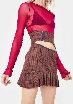 No Dress Bottoms Brown Checkered Pleated Skirt