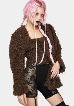 No Dress Outerwear Brown Patent Leather And Faux Fur Double Sided Cropped Coat