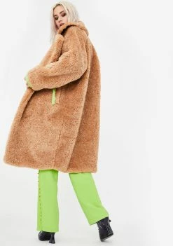 No Dress Outerwear Green Fur Trim Teddy Coat