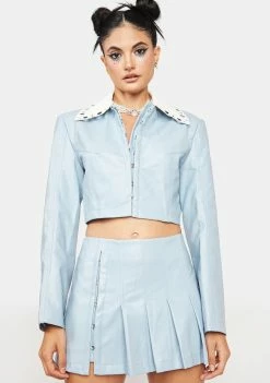 No Dress Blue Short Vegan Leather Jacket Outerwear