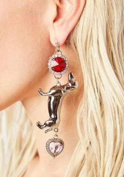 No Dress Red Pink Rhinestone Silver Dog Earrings