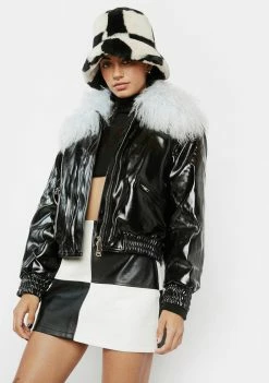 No Dress Blue Mongolian Fur Collar Leather Bomber Jacket