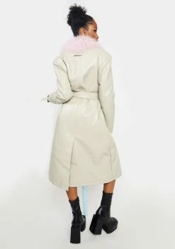 No Dress Pink Mongolian Fur Trim Grey Leather Longline Coat Outerwear
