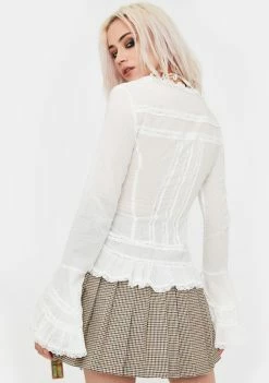 No Dress Flare Sleeve Belted Lace Shirt Tops