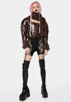 No Dress Outerwear Brown Patent Leather And Faux Fur Double Sided Cropped Coat