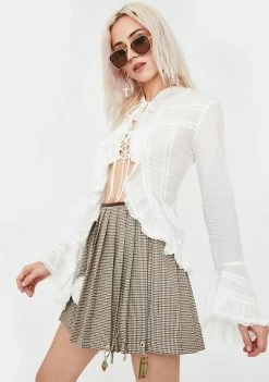 No Dress Flare Sleeve Belted Lace Shirt Tops