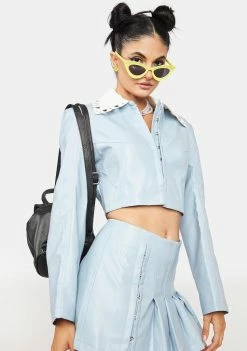 No Dress Blue Short Vegan Leather Jacket Outerwear