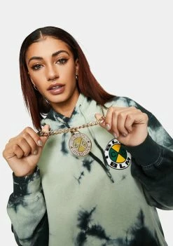 Cross Colours Crystal Circle Logo Medallion Miami Cuban Link Necklace Jewelry