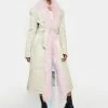 No Dress Pink Mongolian Fur Trim Grey Leather Longline Coat Outerwear