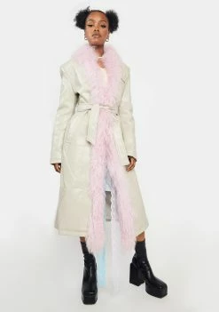 No Dress Pink Mongolian Fur Trim Grey Leather Longline Coat Outerwear