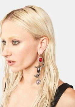 No Dress Red Pink Rhinestone Silver Dog Earrings