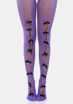 No Dress Black Bowknot Purple Fishnet Stockings Socks & Tights