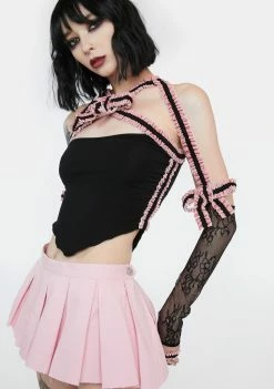 No Dress Pink Velvet Bowknot Lace Sleeve Top