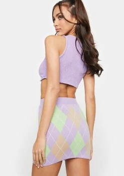 No Dress Purple Green Brown Argyle Knit Skirt