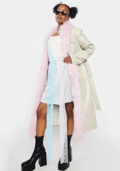 No Dress Pink Mongolian Fur Trim Grey Leather Longline Coat Outerwear