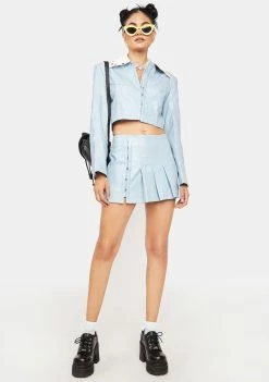 No Dress Blue Vegan Leather Pleated Short Skirt