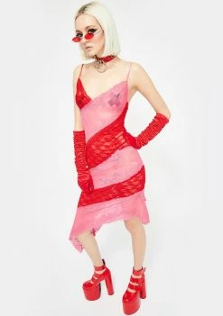 No Dress Red Patchwork Lace Slip Dress