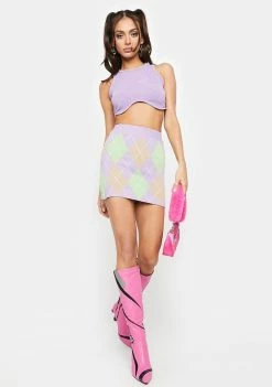 No Dress Purple Green Brown Argyle Knit Skirt
