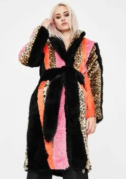 No Dress Outerwear Leopard Patchwork Faux Fur Coat