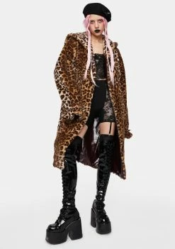 No Dress Outerwear Leopard Faux Fur And Brown Leather Long Sailor Collar Coat