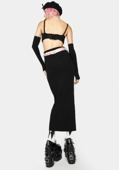 No Dress Midi Skirt Black Knitted Skirt With Pink Bow Belt